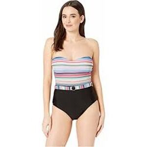 Athena USA Swimsuit Womens 8 Striped Bandeau One Piece Black Multicolor Belt